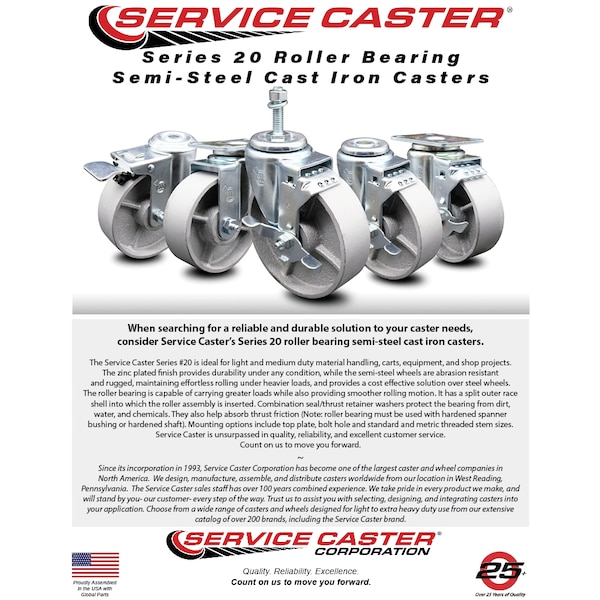 Semi Steel Swivel TS Caster w/Roller Bearing - 4" Wheel & 3/8" Stem w/Brake